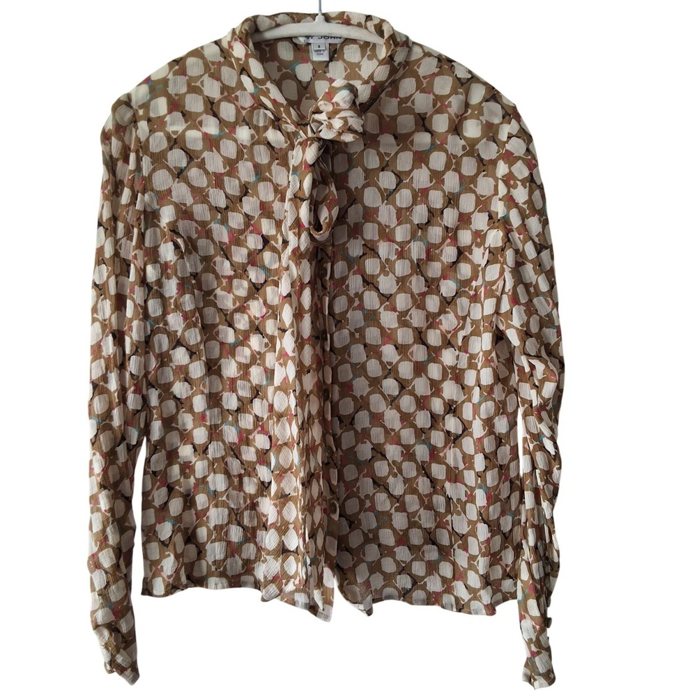 St John 8 Silk Bow Blouse Geometric Circle Print Old Money Quiet Luxury Mature